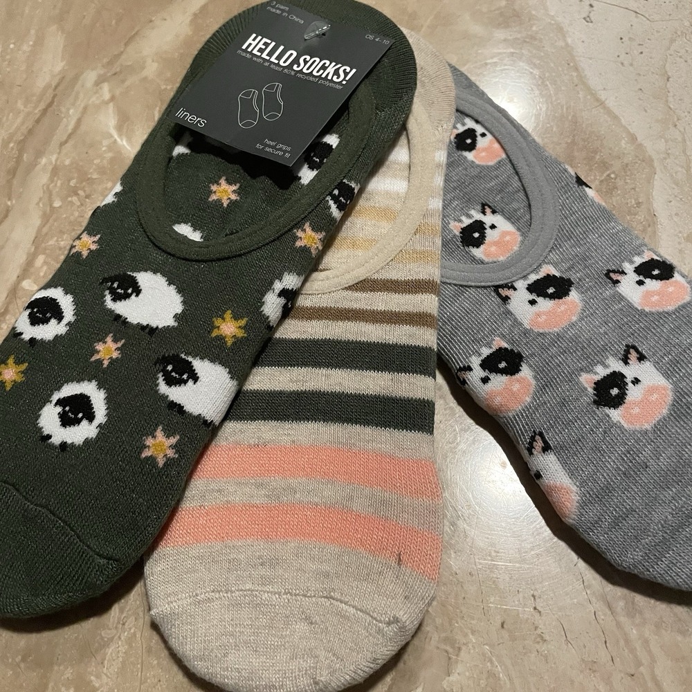 3 PAIRS! Women NOā SHOW Liner Sock Nonslip Heel ANIMALS stripe Sheep Cows stars